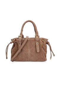 Borsa in suede marrone chiaro, con hardware dorato, doppie maniglie superiori, tracolla regolabile e lati arricciati per una maggiore texture.