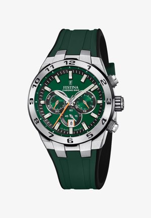 Montre avec bracelet en silicone vert, boîtier en acier inoxydable, accents noirs et cadran vert avec des index horaires blancs et des sous-dials de chronographe.