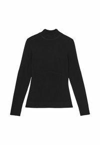 Schwarzes Rollkragenoberteil mit langen Ärmeln, figurbetontem Design, glatter Textur und tonalen Nahtdetails an der Vorderseite.