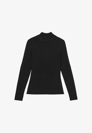 Mustmustop, millel on pikad varrukad, sobiv disain, sile tekstuur ja tooniühtlased õmblusdetailid ees.