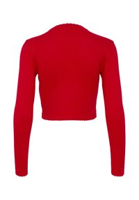 Punane pikad varrukad, lühikese lõikega kudumipullover. Omab lainelist kaelust ja äärt, mis lisab detaili. Ühtlane tekstuur kogu ulatuses.