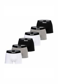 Sechs Paare Boxershorts in Weiß, Grau und Schwarz. Jede verfügt über einen schwarzen Bund mit dem "BOSS"-Logo. Aus Baumwolle, mit eng anliegender Passform.