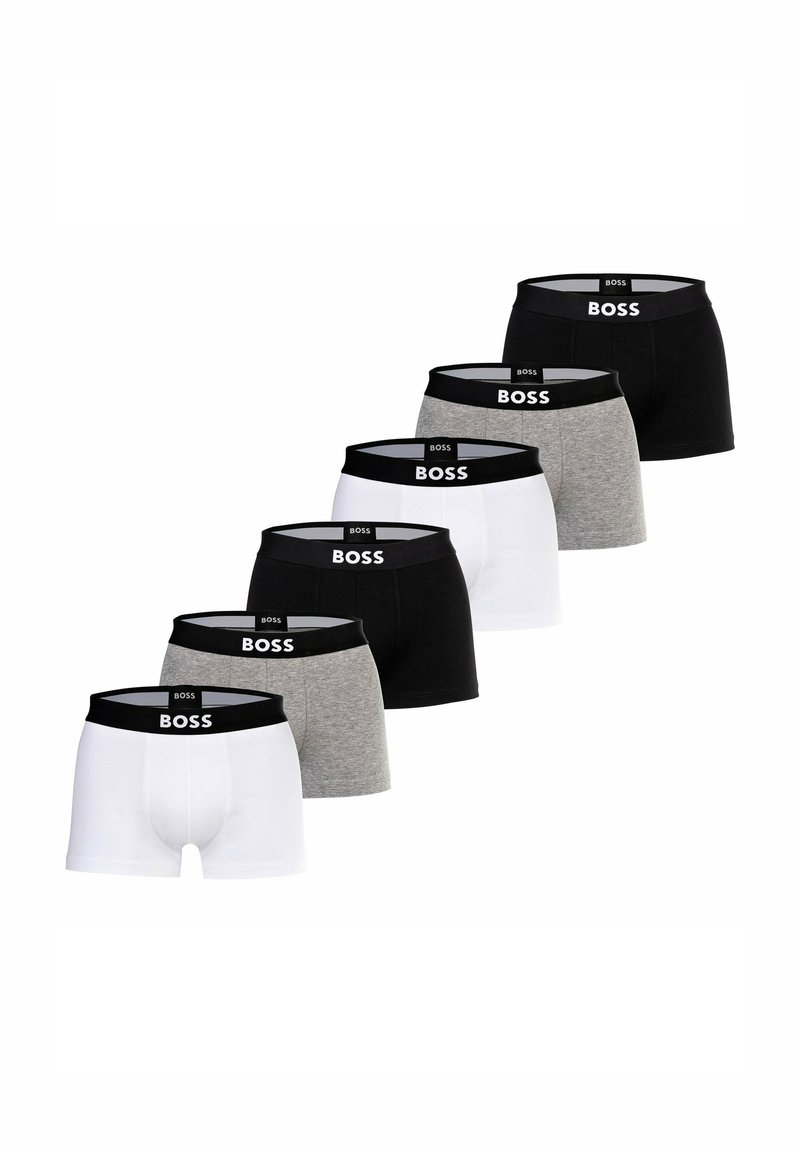 Sechs Paare Boxershorts in Weiß, Grau und Schwarz. Jede verfügt über einen schwarzen Bund mit dem "BOSS"-Logo. Aus Baumwolle, mit eng anliegender Passform.