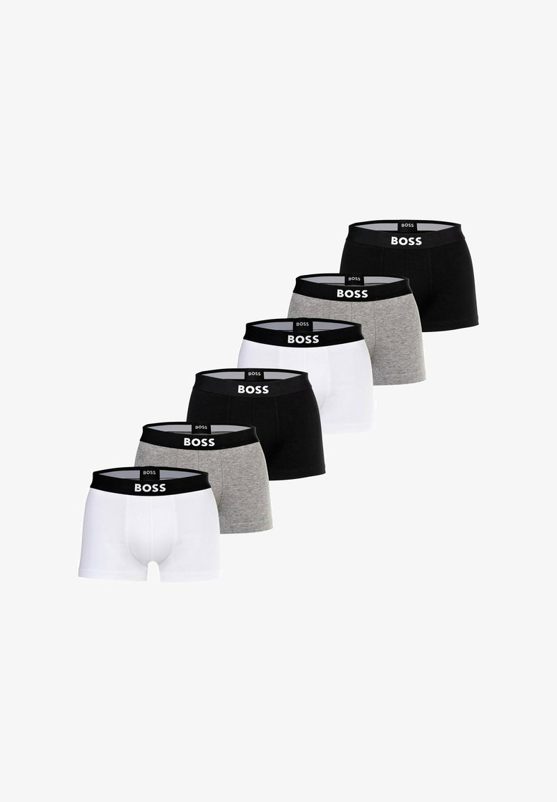 Sex par boxershorts i färgerna vit, grå och svart. Varje par har en svart midjeband med "BOSS"-logotyp. Tillverkade av bomull med en snug fit.