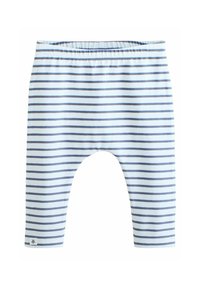 Leggings doux pour bébé avec des rayures horizontales bleu marine sur un fond blanc et une taille élastique.
