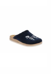 Pantofole lavorate a maglia di colore blu navy con un polsino soffice, con un motivo a quadri bianchi. La suola è di colore chiaro e presenta una finitura testurizzata per una migliore aderenza.