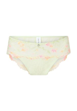 Culotte vert clair avec de la dentelle florale au niveau de la taille en rose et orange, avec des bords festonnés et un petit bouton décoratif.