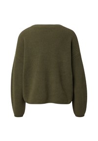Übergroßer, gerippter Pullover in Olivgrün mit weitem Ausschnitt und voluminösen Ärmeln, gefertigt aus strukturiertem Strickmaterial.