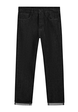 Schwarze Jeans aus Denim mit geradem Schnitt, ausgestattet mit einem Fünf-Taschen-Design und umgeschlagenen Säumen mit kontrastierendem Innenfutter.