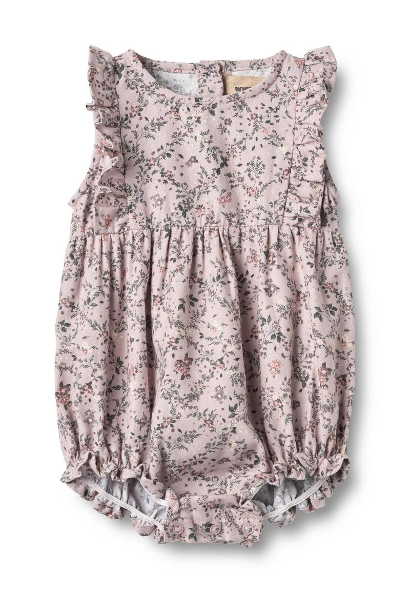 Tuta floreale in tessuto rosa con spalle arricciate. Presenta arricciature in vita e bottoni a pressione sul fondo per facilitare la vestizione. Sottile motivo floreale multicolore.