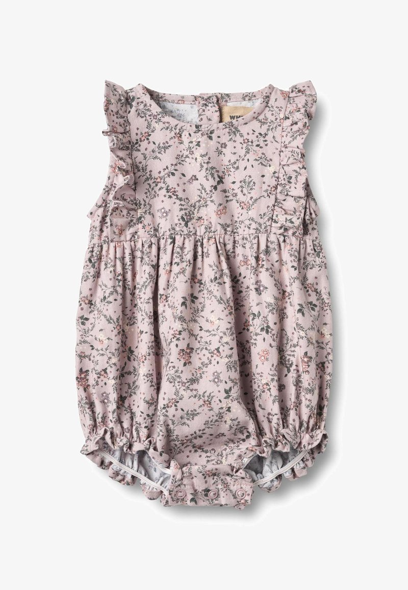 Tuta floreale in tessuto rosa con spalle arricciate. Presenta arricciature in vita e bottoni a pressione sul fondo per facilitare la vestizione. Sottile motivo floreale multicolore.