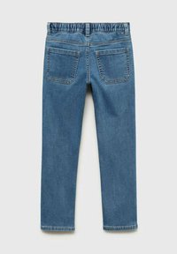 Blå denimjeans med ett elastiskt midjeband, rak benstil, två bakfickor och subtila sömnadsdetaljer.