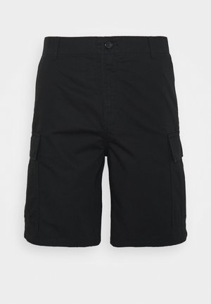Zwarte cargoshorts van een katoenmix, voorzien van twee zijzakken, een knoopsluiting en een rechte snit. Soepele textuur en duurzame uitvoering.