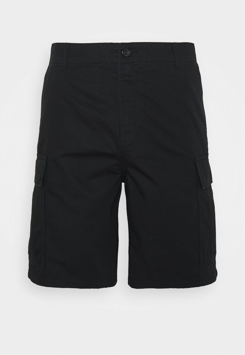 Shorts cargo noirs en mélange de coton, avec deux poches latérales, une fermeture à boutons, et une coupe droite. Texture lisse et design durable.