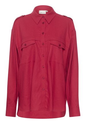 Red button-up shirt with a collar, two chest pockets, shoulder epaulettes, and long sleeves in a smooth, lightweight fabric.