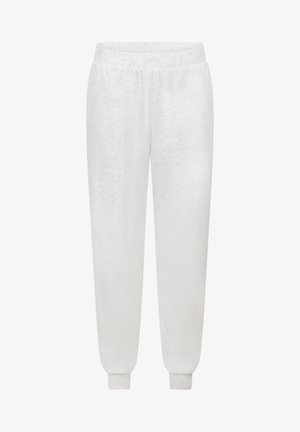 Witte fleece joggers met een elastische tailleband en boorden, voorzien van een zachte textuur en een relaxte pasvorm voor comfort. Gladde afwerking, zonder patronen.