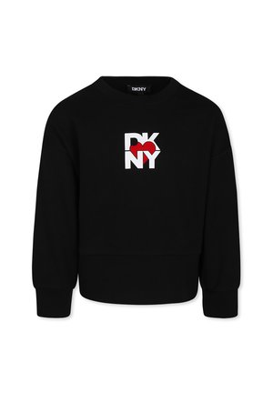 Sweatshirt noir court en coton avec des manches longues. Présente un logo graphique blanc et rouge "DKNY" sur le devant.