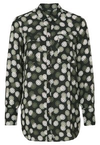 Camicia a maniche lunghe in tessuto verde scuro con motivo floreale contenente elementi bianchi e verdi. Due tasche sul petto e chiusura con bottoni.