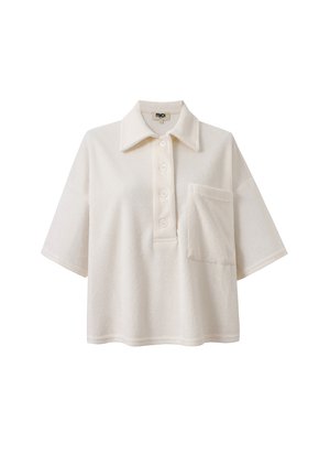 Kurzarm-Polohemd mit Kragen aus weichem, elfenbeinfarbenem Stoff. Verfügt über eine Knopfleiste und eine aufgesetzte Tasche auf der linken Vorderseite.
