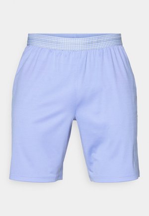 Light blue athletic shorts with an elastic waistband featuring a grid pattern. Made of a smooth, stretchy fabric for comfort and mobility.