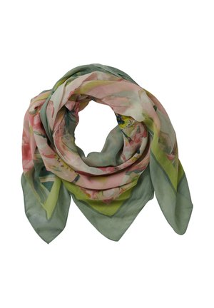 Écharpe en soie légère présentant un imprimé floral avec des fleurs roses sur un fond vert, finition en forme triangulaire et texture douce.