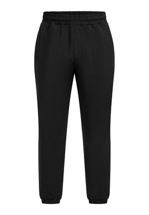 Sorte joggerbukser med elastisk talje, tapered ben, sidelommer og ribbede manchetter. Fremstillet af glat, strækbart materiale.