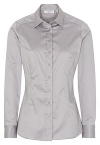 Gray long-sleeve shirt with a fitted design, soft texture, classic collar, and button front closure. Cuffs feature a contrasting detail.