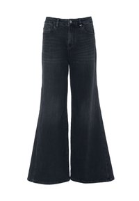 Mustat korkeavyötäröiset leveälahkeiset farkut, joissa on etunappi ja vetskari, vyölenkit sekä viisi taskua.