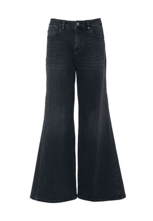 Zwarte hoge taille wijde jeans met voorzijde knoop en rits, riemlussen en vijf-pocket ontwerp.