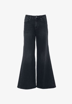 Zwarte hoge taille wijde jeans met voorzijde knoop en rits, riemlussen en vijf-pocket ontwerp.