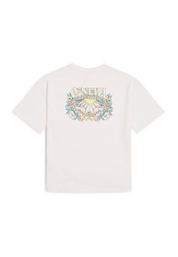 Bílé tričko s krátkým rukávem, které na zadní straně zobrazuje barevnou grafiku s květinovými vzory a textem "O'NEILL SURF SUPPLY CO."