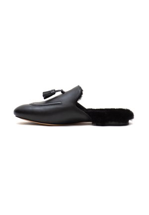 Black leather mules with a pointed toe, featuring a tassel accent and a plush black fur lining on the back of the heel.