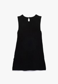 Musta hihaton mekko, jossa on pyöreä pääntie, huomaamaton avainaukko takana ja suora leikkaus. Valmistettu sileästä kankaasta, jossa ei ole kuvioita.