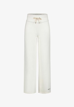 White wide-leg pants made from soft fabric. Features a high waistband with a drawstring and a small logo detail near the hem.