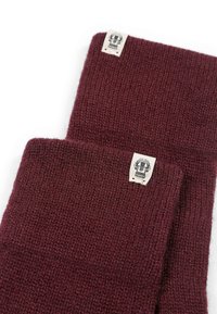 Bordeauxfarbene Strickhandschuhe mit strukturiertem Finish. Mit einem kleinen Etikett, das ein grafisches Logo zeigt. Weicher, gemusterter Stoff, bietet Wärme und Komfort.