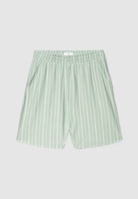 Zielone szorty w paski wykonane z lekkiego materiału, z elastycznym pasem i dwoma bocznymi kieszeniami, ozdobione wąskimi białymi pionowymi paskami.