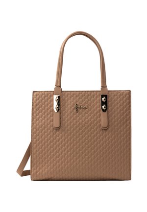 Hellbraune Handtasche mit strukturiertem Muster, zwei Griffen mit goldfarbenen Nieten und kleinem kursivem Logo vorne in der Mitte.