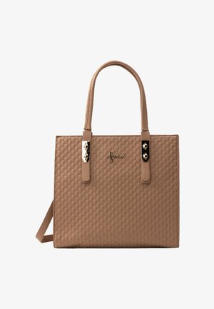 Hellbraune Handtasche mit strukturiertem Muster, zwei Griffen mit goldfarbenen Nieten und kleinem kursivem Logo vorne in der Mitte.