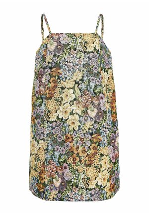Camisole con motivo floreale in tessuto multicolore che presenta verdi, gialli, viola e marroni. Spalline sottili regolabili, vestibilità ampia.