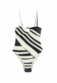 Maillot de bain une pièce à rayures noires et blanches avec une découpe circulaire centrale, des bretelles réglables et un design de tissu texturé.