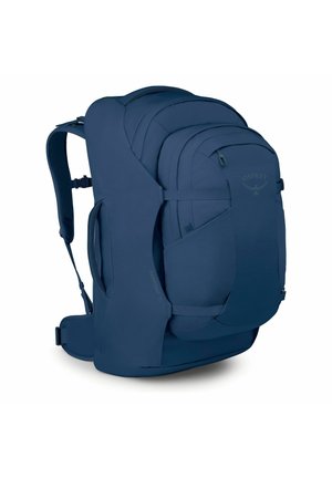Mochila de viaje Osprey Farpoint 40 en azul oscuro con múltiples compartimentos y correas para los hombros ajustables y acolchadas.