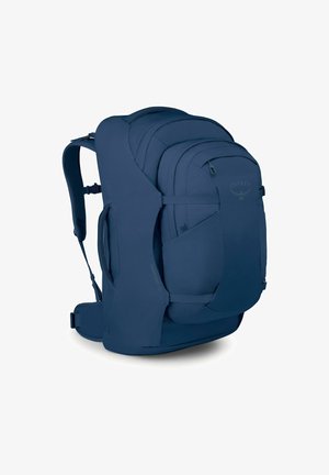 Donkerblauwe Osprey Farpoint 40 reismrugzak met meerdere compartimenten en verstelbare, gevoerde schouderbanden.