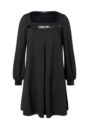Schwarzes Kleid mit langen Ärmeln, quadratischem Ausschnitt, Faltenfront und einem dekorativen Lederakzent mit goldenen Verschluss. Weicher Stoff und lockere Passform.