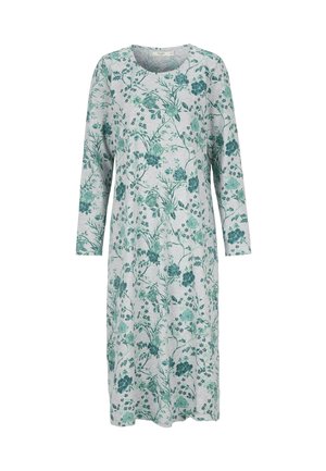 Grijs lange mouw jurk met teal en groene bloemmotief, ronde halslijn en knielange zoom.