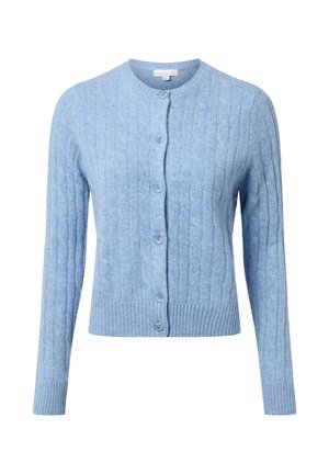 Light blue knitted cardigan with a round neckline, ribbed cuffs and hem, featuring button closure and a textured cable pattern.