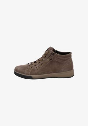 Brown suede mid-top sneaker with side zipper, lace-up front, padded collar, and rubber sole, shown in profile.