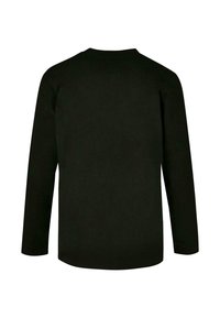 Zwart katoenen shirt met lange mouwen, met een ronde hals en een gladde, effen textuur zonder patronen of accentueringen.
