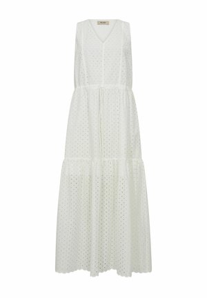 Robe maxi blanche sans manches avec col en V, tissu ajouré, taille froncée et jupe à volants avec détail d'ourlet festonné.