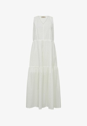 White sleeveless maxi dress with V-neck, eyelet fabric, gathered waist, and tiered skirt with scalloped hem detail.