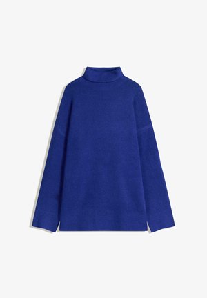 Blauer Rollkragenpullover aus weichem Stoff, mit lässiger Passform, langen Ärmeln und gerippten Akzenten am Kragen und Saum.